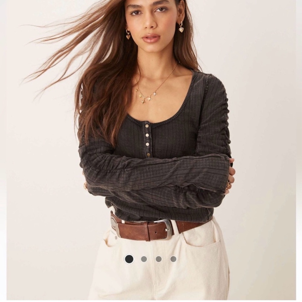 We The Free Charcoal Pointelle Ribbed Scoop-Neck Henley Long Sleeve Top